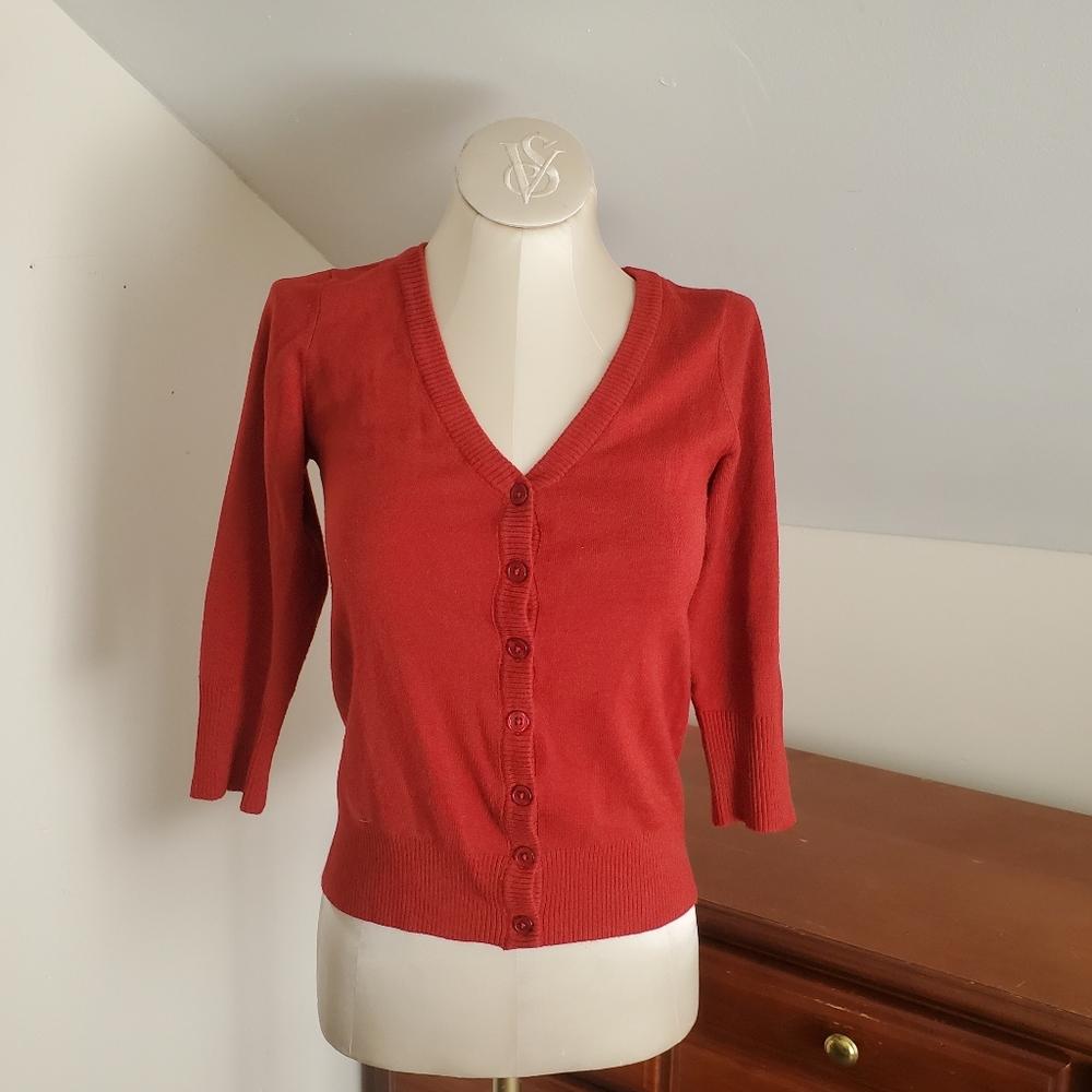 Modcloth V-Neck Button-Front Women’s Cardigan - Red- Fervour